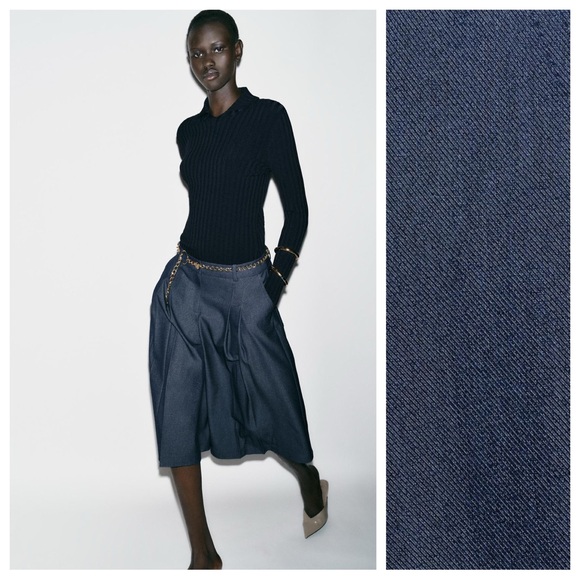 NWT. Zara Blue/Indigo High-Waisted Pleaded Long Shorts. Size S. - Picture 2 of 10